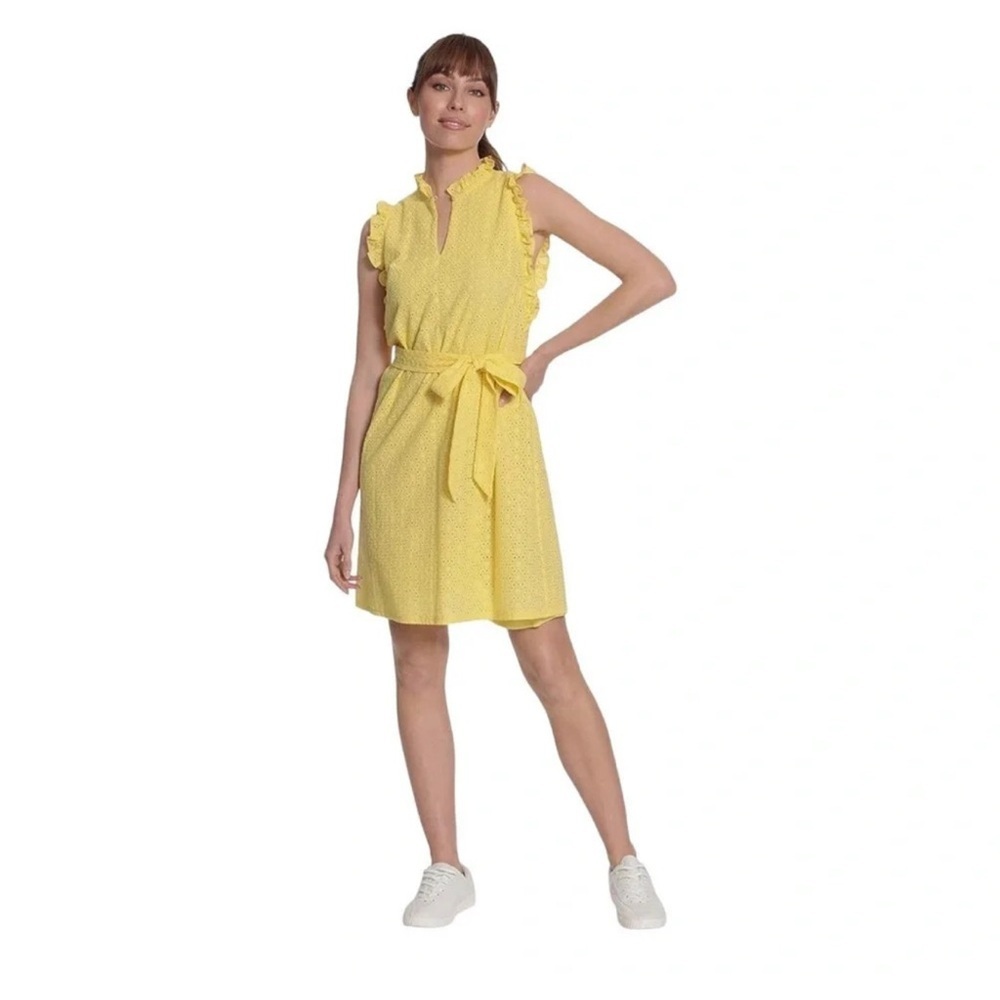 London Times Yellow Cotton Eyelet Ruffle Dress NWOT Size 12 Waist Tie